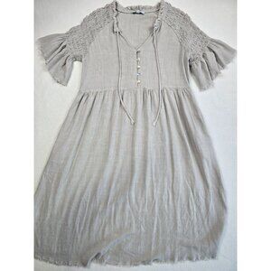 Polagram Womens S Gray Beige Smocked Linen Blend Midi Dress Modest